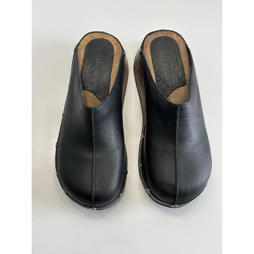 Rare Canyon River Blues Gordon Womens 7M Black Leather Wooden Sole Comfort Clogs - Picture 3 of 16